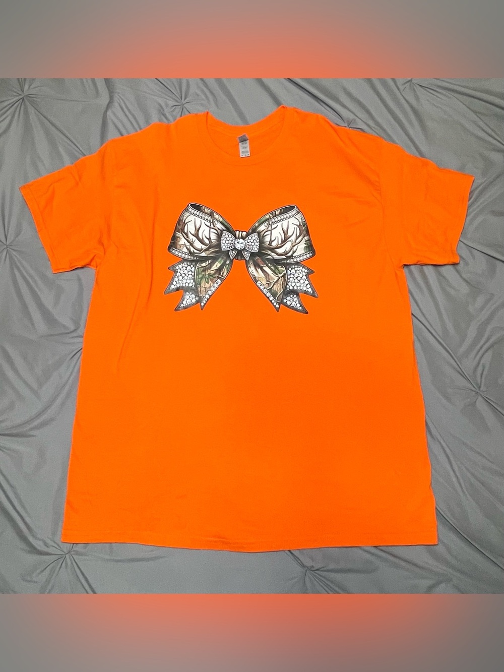 Orange Camo Rhinestone Bow Graphic Tee Gildan XL Custom Iron On